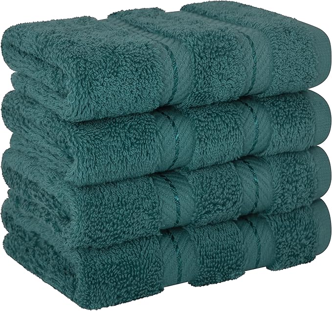 American Soft Linen Luxury Washcloths for Bathroom, 600 GSM 100% Cotton 4 Piece Turkish Wash Cloth Set, 13x13 in Soft Rags for Body and Face, Teal Washcloths