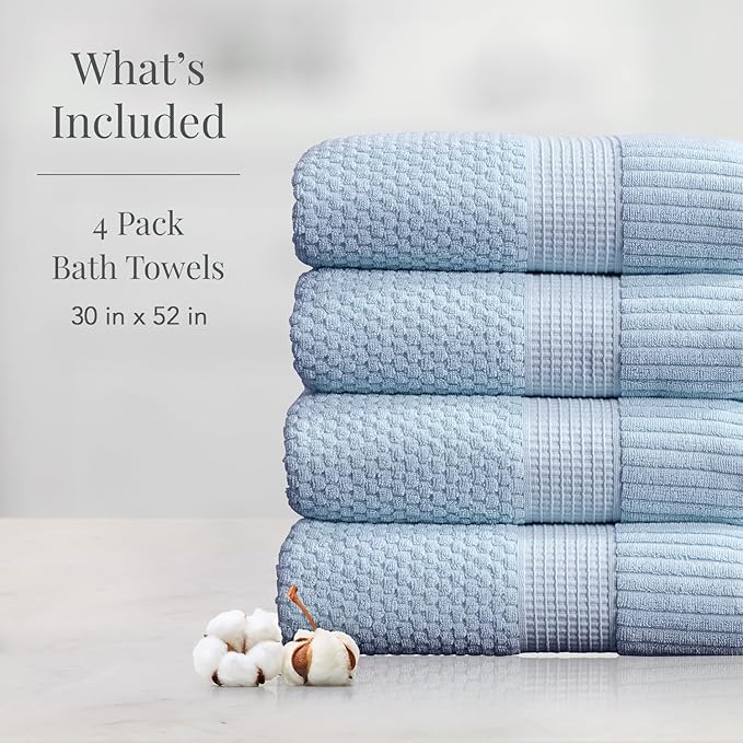 NY Loft 100% Cotton Bath Towel 4 Pack | Super Soft & Absorbent Quick-Dry Bath Towels 30" x 52" |Textured and Durable Cotton | Trinity Collection (4 Pack Bath Towel, Chambray Blue)
