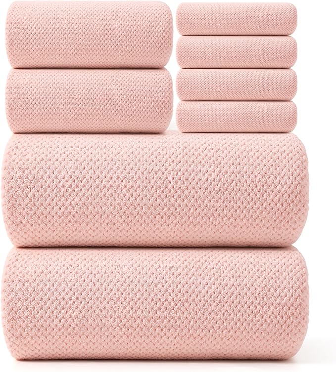 REDKISS Pink Towel Set of 8 - Ultra Soft Microfiber, Contains 2 Large Bath 35x70, 2 Hand 14x30, 4 Washcloths 14x14, Highly Absorbent, Quick Dry, Ideal for Everyday use, Hotel & Spa, Pink
