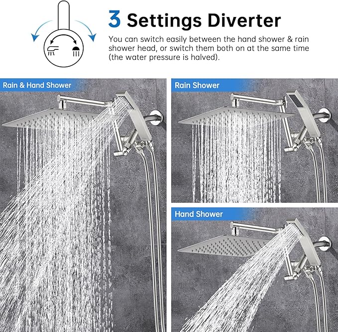 G-Promise All Metal 12 Inches Rainfall Shower Head with Handheld Spray Combo, 3 Settings Diverter, Adjustable Extension Arm with Lock Joints, 71 Inches Stainless Steel Hose (Brushed Nickel)