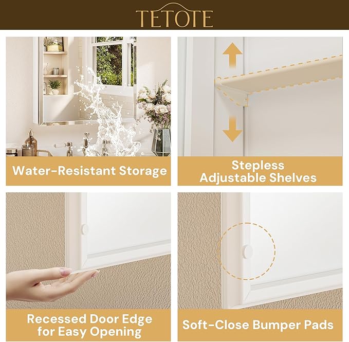 TETOTE 24 x 32 Bathroom Mirror with Storage with Tempered Beveled Mirror White Medicine Cabinet Aluminum Cabinet DTC Hinges, Stepless Adjustable Shelves, Recessed/Surface-Mounted