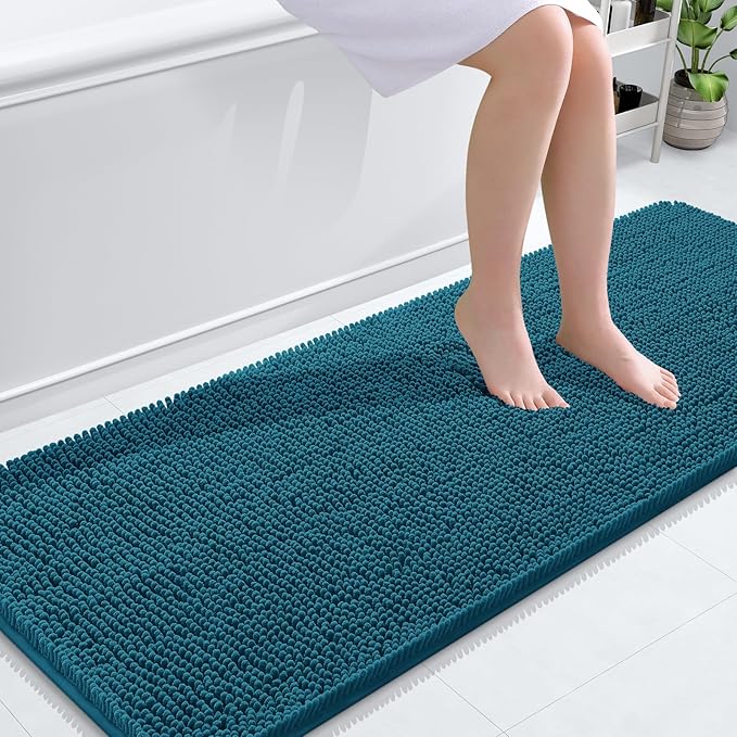 OLANLY Bathroom Rugs 59x24, Extra Soft Absorbent Chenille Bath Rugs, Rubber Backing Quick Dry, Machine Washable Bath Mats for Bathroom Floor, Tub and Shower, Home Decor Accessories, Peacock Blue