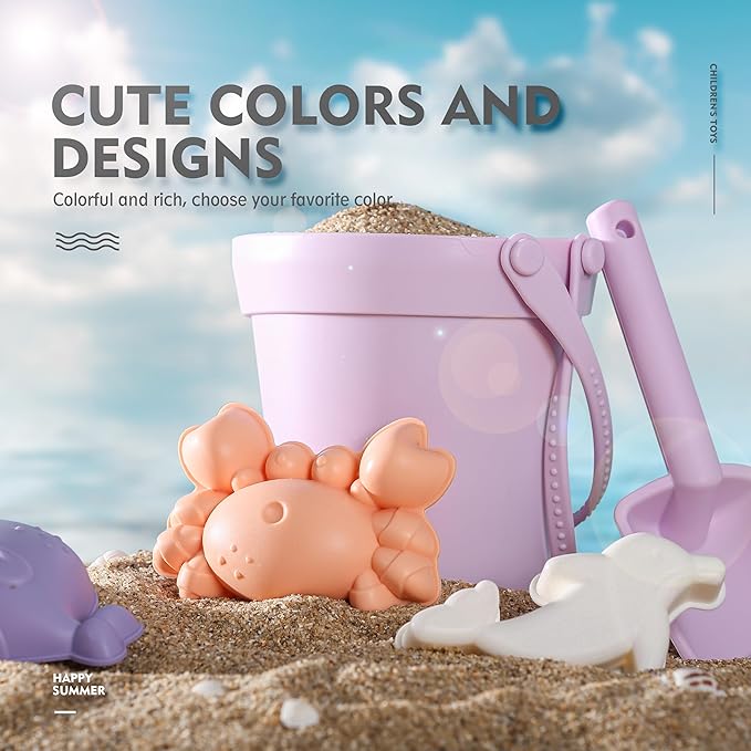 MarcZero 11Pcs Silicone Beach Toys,Modern Baby Beach Toys,Travel Friendly Beach Set,Eco Friendly Toy,Silicone Bucket, Shovel, 8 Sand Molds, Beach Bag,Silicone Sand Toys for Toddlers, Kids (Purple)