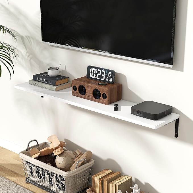 Fun Memories Deep Floating Shelves, 48W x 8D Floating Shelves Set of 2, Wall Mounted Shelf with Metal Brackets, Rustic Wood Wall Shelf for Bathroom, Kitchen and Living Room, White