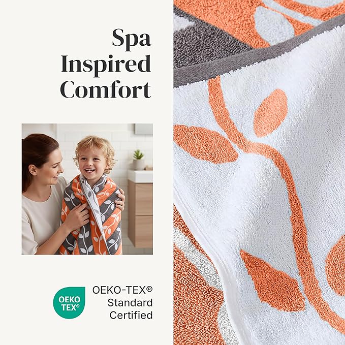 Modern Threads Organic Vines 6-Piece 100% Cotton Towel Set – Yarn Dyed Jacquard & Solid – Includes 2 Bath Towels, 2 Hand Towels, 2 Washcloths – Absorbent, Quick Dry, Soft & Durable – Orange