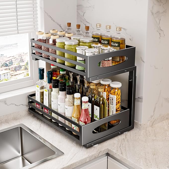 Under Sink Organizer, 2 Tier Under Sink Organizers and Storage, Adjustable Height, Slide out Metal Cabinet Organizers, Pull out Cabinet Storage Drawer Shelf for Kitchen Bathroom