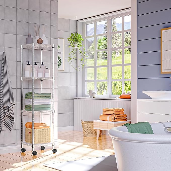 Storage Shelves Adjustable, 4 Tier Shelving Units for Storage with Wheels, Corrosion Resistant Wire Shelving Unit for Kitchen Closet Bathroom Office, Chrome 11.8" D x 11.8" W x 48.1" H