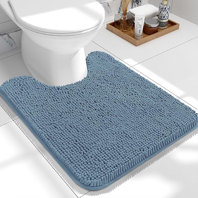 OLANLY Toilet Rugs U-Shaped 24x20, Extra Soft Absorbent Chenille Contour Bathroom Rugs for Toilet, Dry Quickly, Machine Washable, Non-Slip Bath Mat, Airy Blue