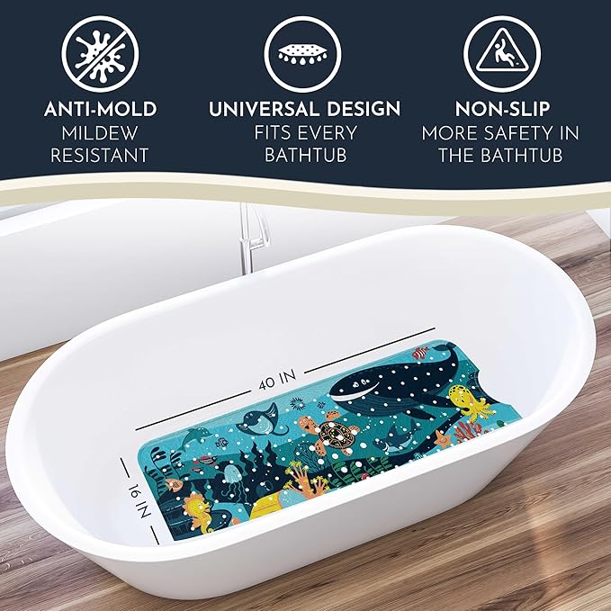 Bath Tub Mat Non Slip Anti Mold for Kids BPA Free INCL Hooks - homerella® Ocean Sea Animals 40x16, Baby Bath Mat Non Slip 200 Suction Cups, Non Toxic Machine Washable Toddler Bath Mat, EU Certified