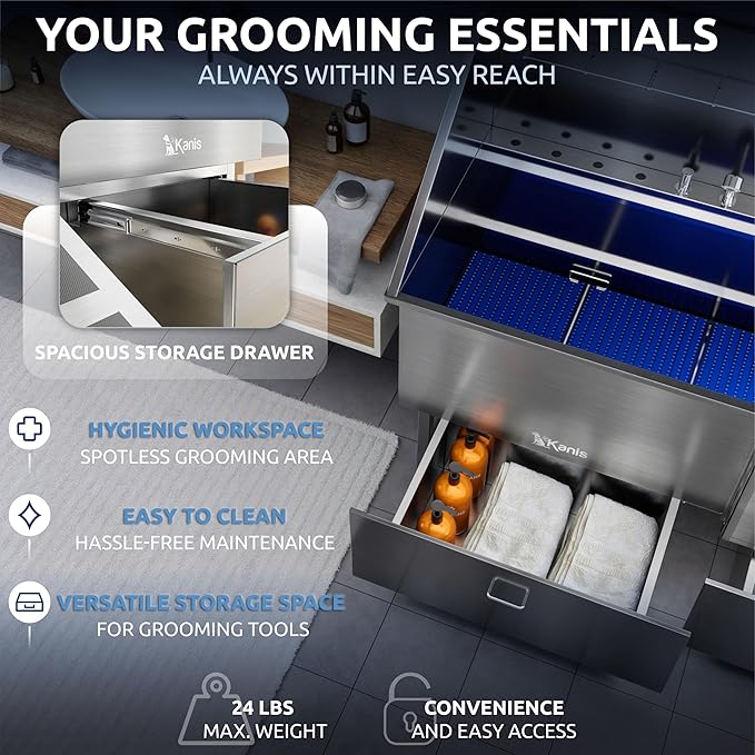 KANIS Professional Dog Washing Station - 304 Stainless Steel Pet Wash Sink & Grooming Bathtub w/Shower, Floor Grates and Storage for Large, Medium & Small Pets (61", 1 Drawer - Right Ramp)