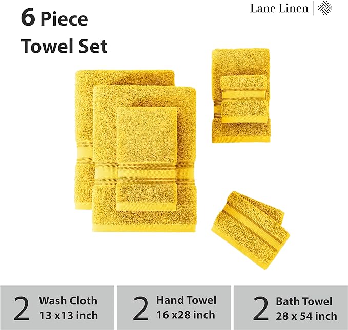 LANE LINEN Luxury 6-Piece Bath Towel Set - 100% Cotton, Zero Twist, Super Soft & Extra Absorbent - Includes 2 Bath Towels, 2 Hand Towels, 2 Washcloths - Mimosa
