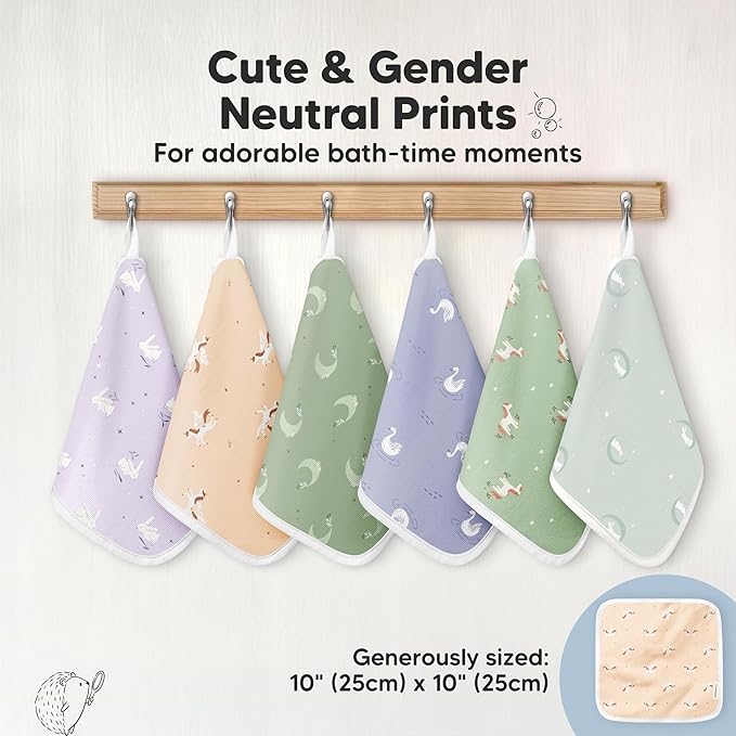 6-Pack Cotton Baby Washcloths for Newborn - Organic Cotton Muslin Soft Wash Cloths for Babies, Infant, Kids, Toddler Towels for Boy, Girl, Super Absorbent Face Cloths, Scratch-free Baby Rags (Lunaris)