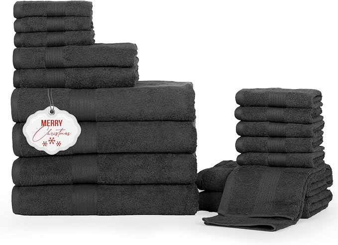 Ample Decor Bathroom Towel Set of 18-4 Hand Towel, 4 Bath Towel, 10 Wash Cloths - Oeko Tex Certified 600 GSM 100% Cotton - High Absorbency Quick Drying, Ideal for Gifting - Grey