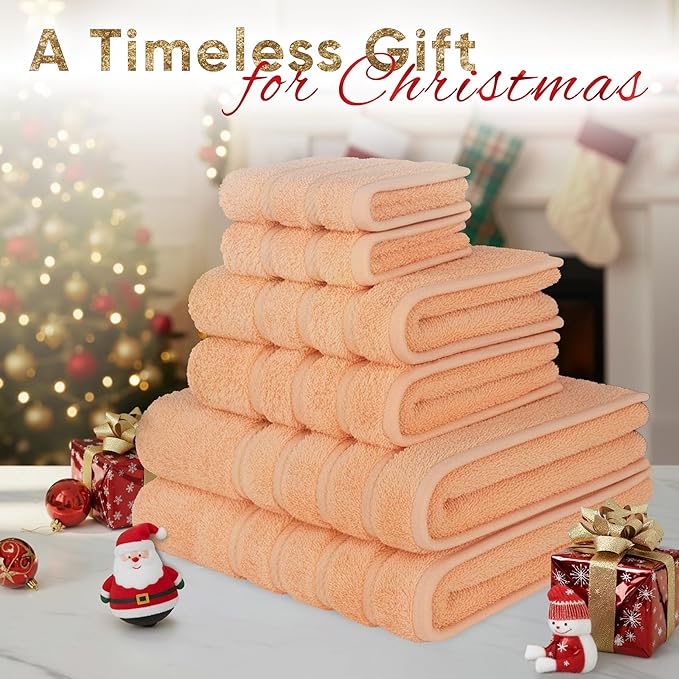 American Soft Linen Luxury 6 Piece Towel Set, 2 Bath Towels 2 Hand Towel 2 Washcloths, 600 GSM 100% Cotton Turkish Towels for Bathroom, Malibu Peach Towel Sets