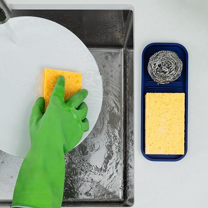 Zulay Kitchen (9x3.5) Silicone Sponge Holder for Kitchen Sink - Flexible Multipurpose Soap Tray - Sink Organizer for Kitchen, Bathroom, Makeup, Trinkets & More (Dark Blue)