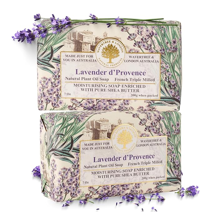 Wavertree & London Lavender Scented Natural Soap Bars (Pack of 2), 7oz Moisturizing French Triple Milled Soap Bars enriched with shea butter - Pure Plant Oil Bath & Body Bar for All Skin Types