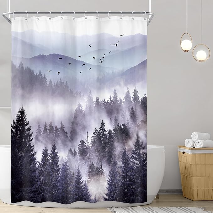 Riyidecor Purple Shower Curtain 48Wx72H Inch,Stall Narrow Rv Small Nature Mountain Woods,Rustic Landscape Scenery Pine Tree Natural Woodland Bathroom Decor Fabric Polyester Waterproof 12 Pack Hooks