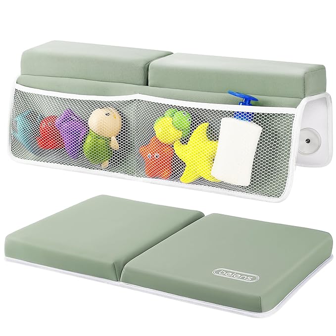 beiens Bath Kneeler and Elbow Rest Pad Set - 1.5'' Comfortable Thick Baby Bath Kneeler Pads, Quick Dry Soft Kneeling Pad for Baby Bath Time, Non-Slip Knee& Arm Support Bathtub Mat with Toys Organizer