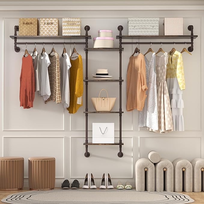 Helsin 5-Tiers 74inch Large Rustic Industrial Pipe Floating Shelving, Wall Mounted Heavy Duty Clothes Rack with Double Hanging Rods Display Storage Rack for Bedroom Organization & Home Décor