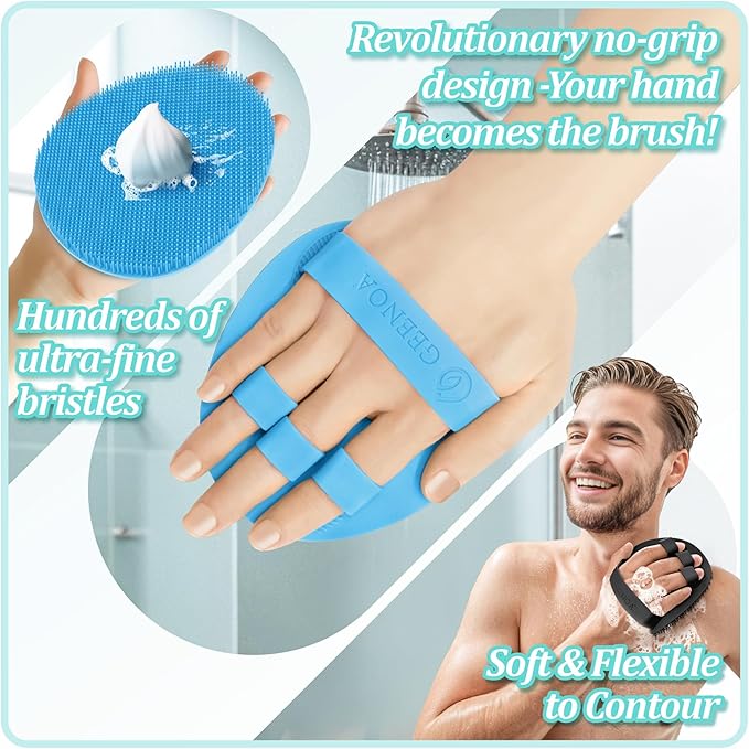 Silicone Back Scrubber & Soft Bath Glove 2PCS, 16''- 21''Extendable Back Scrubber with Dual-Side Large Head, 360° Anti-Slip Hand-fit Silicone Body Scrubber for Rich Foaming Deep Cleaning(Blue)