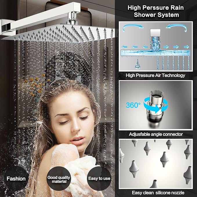 Rain Shower System 12 Inches Shower Head with Handheld Combo Set for Bathroom,High Pressure Rainfall Shower Faucet Set Wall Mounted,Rough-in Valve and Trim Kit(Chrome Polished)
