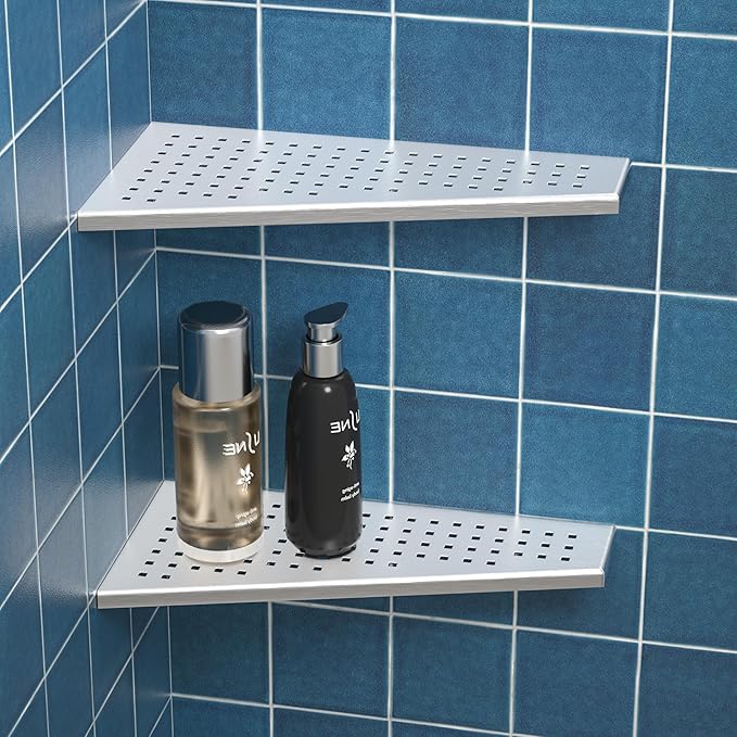 Corner Shower Shelf 2PCS, Trapezoid Shaped Bathroom Shelves 12'' for Tiled Wall, 304 Stainless Steel Grout in Shelf, No Drilling Needed (Silver)