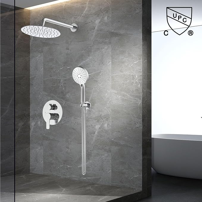 Shower Faucet Set 10IN Brass Rough-In Valve Body Trim Kit Rainfall Included Handle Accessories Complete 2 Functions with Rain Head and Handheld Bathroom Systems (10'', Chrome Polished)