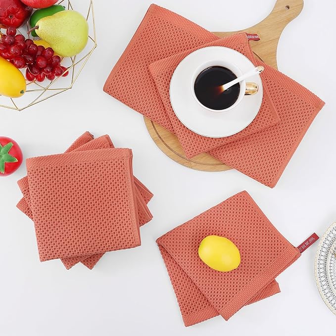 Homaxy 100% Cotton Waffle Weave Kitchen Dish Cloths, Ultra Soft Absorbent Quick Drying Dish Towels, 12 x 12 Inches, 6-Pack, Coral