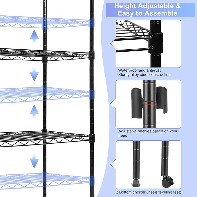 Whitmor 5 Tier Metal Storage Shelves, Heavy Duty with 4 Wheels & Adjustable Feet, 400 lbs Capacity per Shelf, Max 2000 lbs Total for Home, Garage, Workshop, 36" L x 14" W x 60" H, Black