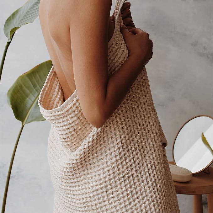 sea me at home Waffle Bath Towel 100% Turkish Cotton - Large Bath Towel (34x67 Inches) Luxurious Spa Towel for Bath, Beach, or Pool Time (Beige)