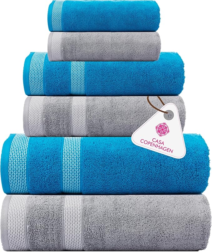 CASA COPENHAGEN Solitaire Mix 6 Pieces Towel Set- Grey Violet + Teal, 600 GSM 2Bath Towel 2Hand Towel 2Washcloth, Designed in Denmark Made of Soft Egyptian Cotton for Bathroom, Kitchen & Shower
