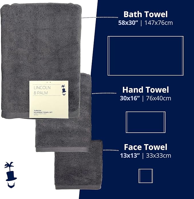 Lincoln & Palm 3 Piece Turkish Towels Set, Thick, Soft, Plush 700 GSM Spa & Hotel Quality, Silver Infused SILVERbac | Bath 58x30, Hand 30x16, Face Wash Cloth 13x13 (3 Piece Towel Set, Charcoal)