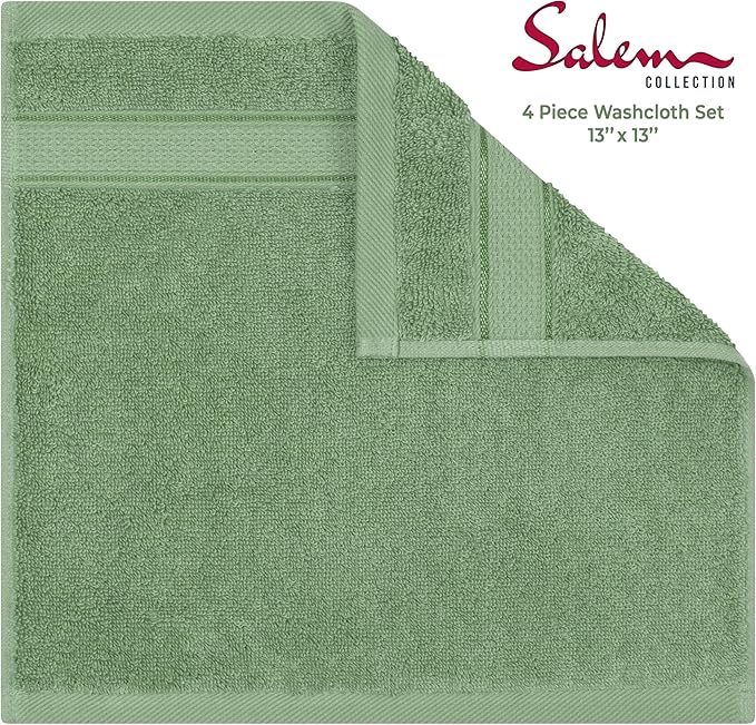 American Soft Linen Salem Washcloth Sets, 4 Piece Luxury 600 GSM 100% Cotton Washcloths for Bathroom, 13x13 inches Washrags Premium Quality Hand Face Towels, Sage Green