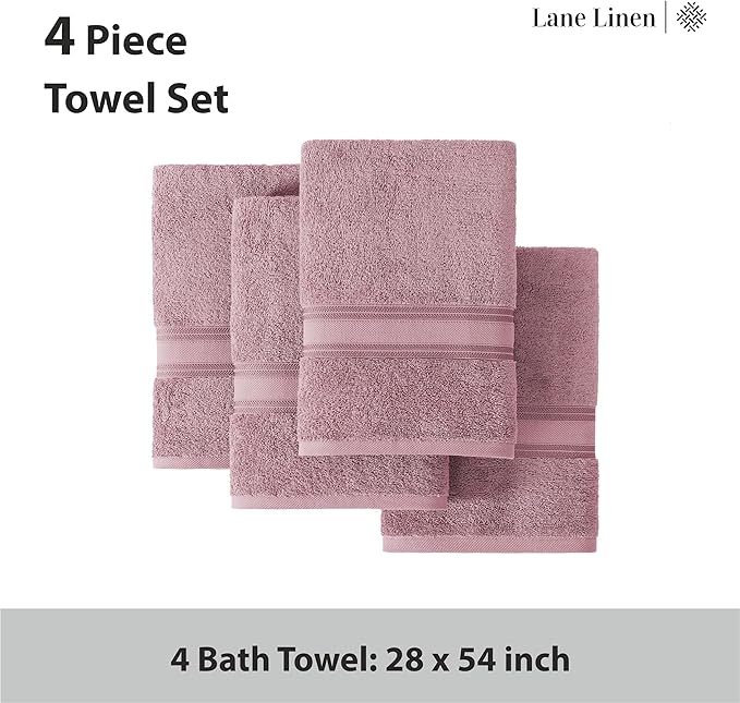 LANE LINEN 100% Cotton Large Bath Towels Set of 4 (28"x54") - Zero Twist, Mercerized Cotton Bathroom Towel 4 Pack - Quick Dry, Soft & Absorbent Large Towels Set - Oeko Tex Certified - Wishful Mauve