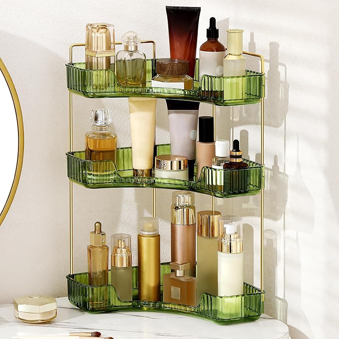 YCIA&DONE Corner Bathroom Counter Organizer, Makeup Organizer for Vanity, Skincare Cosmetic Perfume Tray, Corner Countertop Shelf Rack Storage for Bathroom Kitchen 3 Tiers (Vintage Green)