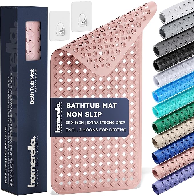 homerella® Bathtub Mat Non Slip 35x16, Incl. Hooks for Drying, Extra Long, 100% BPA Free, Shower Mat Non Slip Anti Mold, Machine Washable, Shower Mats for Inside Shower Mildew Resistant