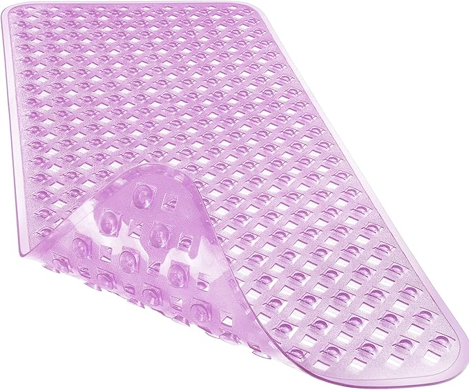 Yimobra Non Slip Bath Mat, Super Strong Suction Cups,34.5"x15.5"Long Tub Mat with Drain Holes, Machine Washable Fast Draining Shower Mats, Bathroom Essentials,Clear Purple