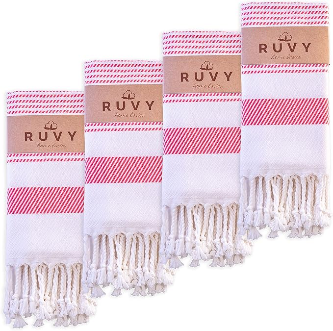 Ruvy Home Basics Turkish Hand Towels for Bathroom Set of 4 | 18"x40", Cotton | Decorative Towel for Bathroom, Kitchen, Dishcloth, Tea, Yoga, Face, Gym - Coral