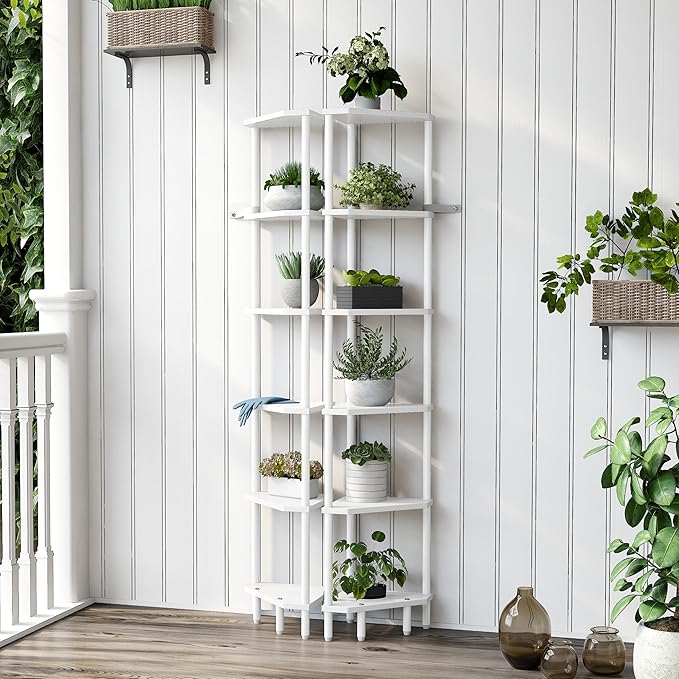 6 Tier Corner Shelf, 66.5'' Tall Standing Shelf, Narrow Display Shelf Stand, Modern Corner Bookshelf, Plant Stand, Corner Bookcase for Living Room, Bedroom, Bathroom, White LCS502W