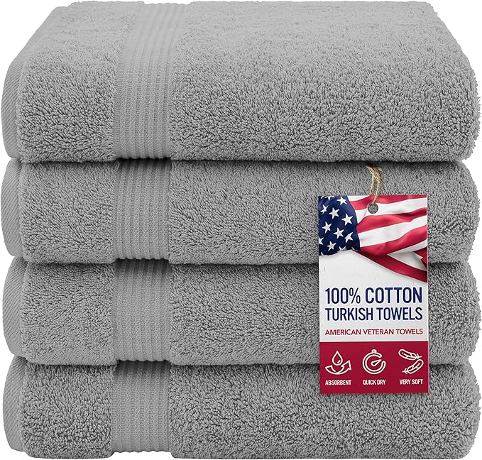 American Veteran Towel, 100% Cotton Turkish Bath Towels for Bathroom 4 Pack, 27x54 Extra Large Premium Soft Drying Bathroom Towels, Light Gray