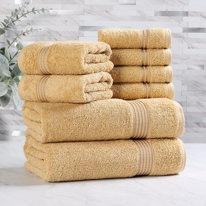 Superior Egyptian Cotton 8-Piece Towel Set, Assorted Towels for Home Bathroom, Guest Bath Decor Essentials, Includes 2 Bath, 4 Hand, 2 Face Towels/Washcloths, Quick Dry, Absorbent, Gold