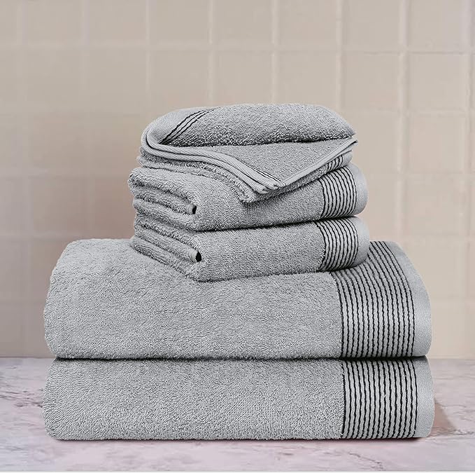Belizzi Home 100% Cotton Ultra Soft 6 Pack Towel Set, Contains 2 Bath Towels 28x55 inchs, 2 Hand Towels 16x24 inchs & 2 Washcloths 12x12 inchs, Compact Lightweight & Highly Absorbant - Light Grey