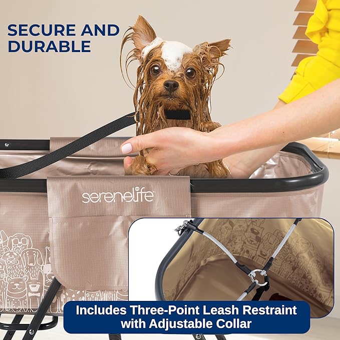 SereneLife Foldable Dog Bath Tub with Adjustable Height, 360° Access, Drain Hose & Storage Pockets – 130 lb Capacity Grooming Station for Indoor/Outdoor Use, Beige