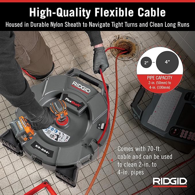 RIDGID 76198 FlexShaft K9-204+ Drain Cleaning Machine for 2" to 4" Pipe, Professional Wall-to-Wall Drain Cleaning Machine with 70' of 5/16" FlexShaft Cable