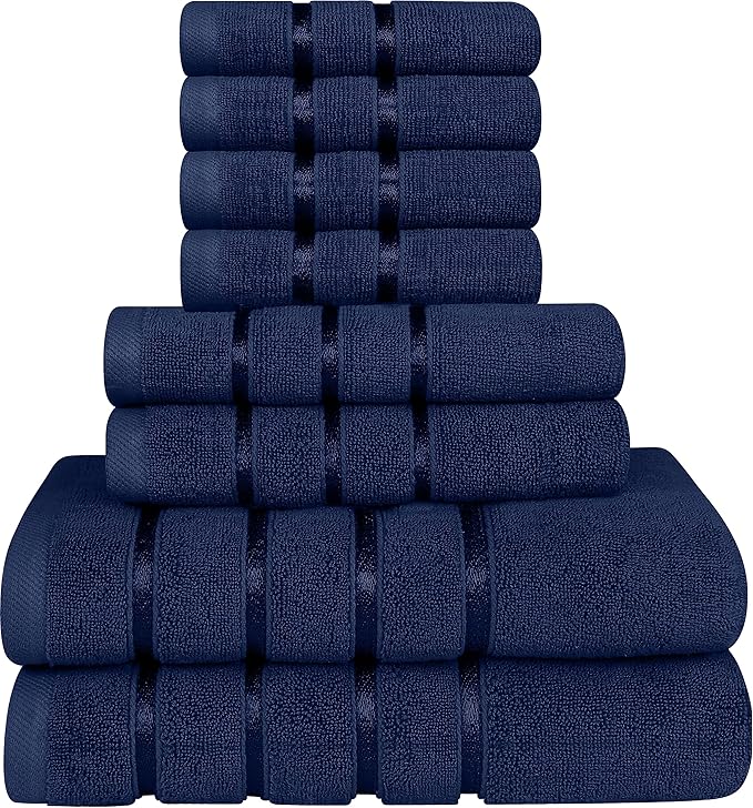 Utopia Towels 8 Piece Luxury Towel Set, 2 Bath, 2 Hand, and 4 Wash Cloths, 600 GSM Ring Spun Cotton, Highly Absorbent Viscose Stripe Towels, Ideal for Everyday use, Navy