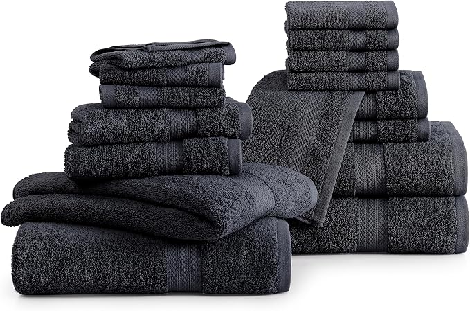 LANE LINEN 100% Cotton Luxury Towel Set for Bathroom - 16 Pieces, Ring Spun - Super Plush, Very Soft & Absorbent - 4 Bath Towels, 8 Washcloths, 4 Hand Towels - Suitable for All Skin Types - Black