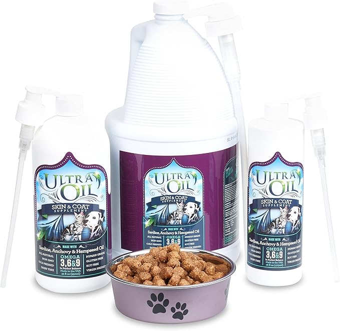 Ultra Oil Skin and Coat Supplement for Dogs and Cats with Hemp Seed Oil, Flaxseed Oil, Grape Seed Oil, Fish Oil for Relief from Dry Itchy Skin, Dull Coat, Hot Spots, Dandruff, and Allergies 128 Ounce
