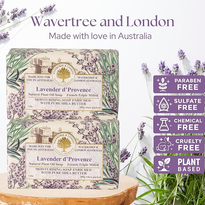 Wavertree & London Lavender Scented Natural Soap Bars (Pack of 2), 7oz Moisturizing French Triple Milled Soap Bars enriched with shea butter - Pure Plant Oil Bath & Body Bar for All Skin Types