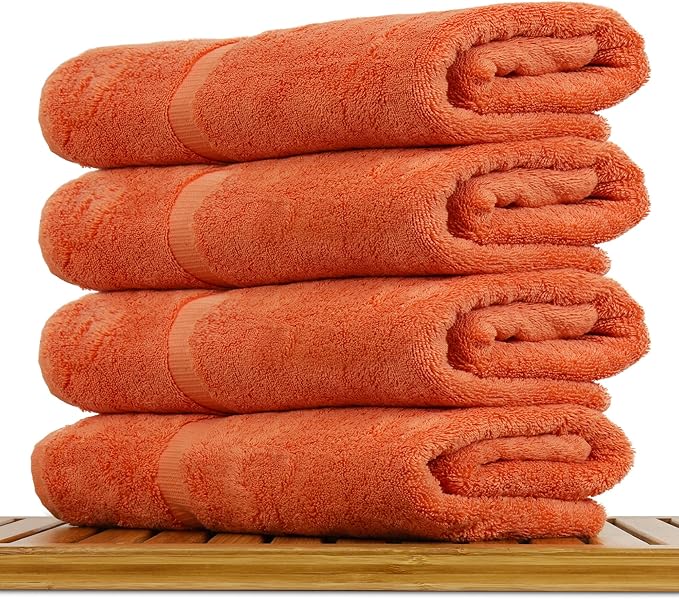 Luxury Hotel & Spa Collection Highly Absorbent, Quick Dry 100% Turkish Cotton 700 GSM, Eco Friendly Towel, for Bathroom Dobby Border Soft Bath Towel Set 27 X 54 -Coral, Bath Towels - Set of 4