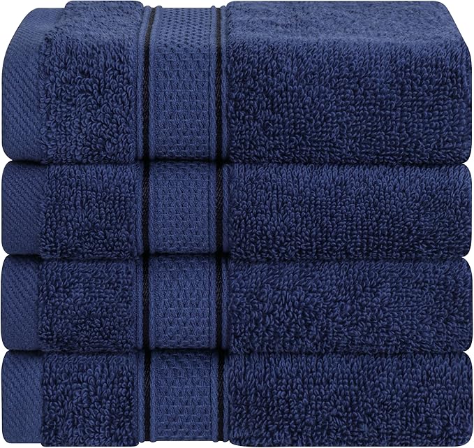 American Soft Linen Salem Washcloth Sets, 4 Piece Luxury 600 GSM 100% Cotton Washcloths for Bathroom, 13x13 inches Washrags Premium Quality Hand Face Towels, Navy Blue